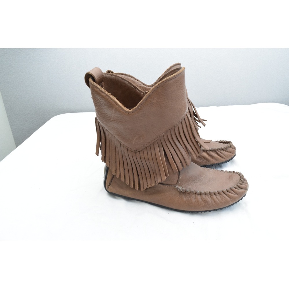 Manitobah Mukluks Okotoks Ankle Boots L7 Brown Leather Fringe Moccasin Women
